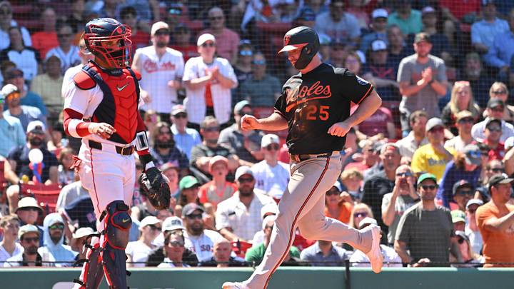 Jun 4, 2026; Boston, Massachusetts, USA; Baltimore Orioles first baseman Pete Alonso (25) scores a run against the Boston Red Sox off an RBI by catcher Samuel Basallo (29) (not pictured) during the fifth inning at Fenway Park. Mandatory Credit: Eric Canha-Imagn Images