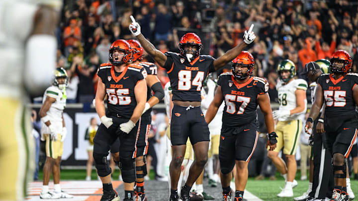 Oct 5, 2024; Corvallis, Oregon, USA; Oregon State Beavers tight end Jermaine Terry II (84) catches a pass for a two point conversion against the Colorado State Rams in the second overtime at Reser Stadium. Mandatory Credit: Craig Strobeck-Imagn Images