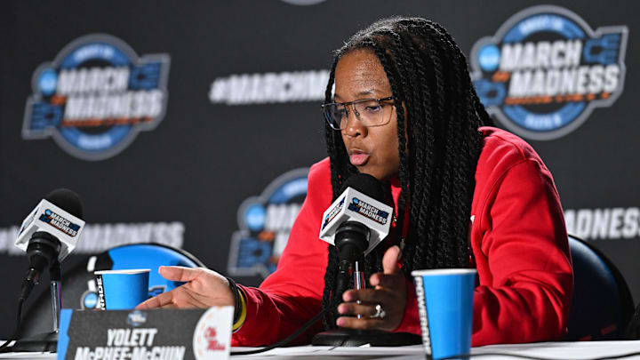 Mar 27, 2025; Spokane, WA, USA; Ole Miss Rebels head coach Yolett McPhee-McCuin talks with media during an NCAA Tournament practice session at Spokane Arena. Mandatory Credit: James Snook-Imagn Images