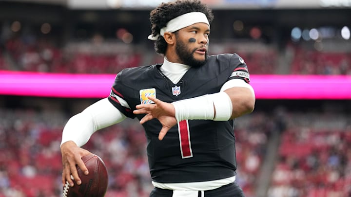 Oct 5, 2025; Glendale, Arizona, USA; Arizona Cardinals quarterback Kyler Murray (1) warms up before their game against the Tennessee Titans at State Farm Stadium. Mandatory Credit: Joe Camporeale-Imagn Images