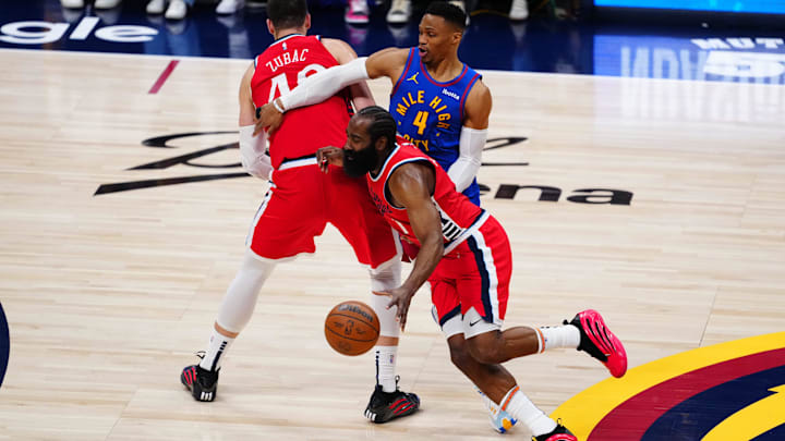 Apr 19, 2025; Denver, Colorado, USA; LA Clippers center Ivica Zubac (40) blocks Denver Nuggets guard Russell Westbrook (4) as guard James Harden (1) drives to the net in the first quarter at Ball Arena. Mandatory Credit: Ron Chenoy-Imagn Images Apr 19, 2025; Denver, Colorado, USA; LA Clippers center Ivica Zubac (40) blocks Denver Nuggets guard Russell Westbrook (4) as guard James Harden (1) drives to the net in the first quarter at Ball Arena. Mandatory Credit: Ron Chenoy-Imagn Images