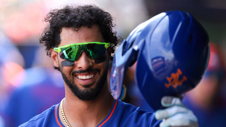 Feb 27, 2026; Jupiter, Florida, USA; New York Mets designated hitter MJ Melendez (1) celebrates after hitting a three-run home run against the St. Louis Cardinals during the fifth inning at Roger Dean Chevrolet Stadium. Mandatory Credit: Sam Navarro-Imagn Images