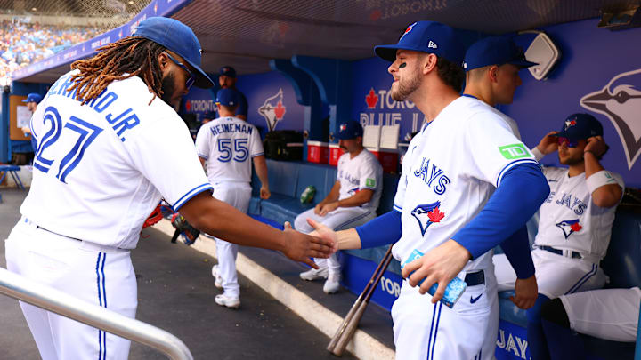 Vladimir Guerrero Jr. and Ernie Clement during the 2023 MLB season