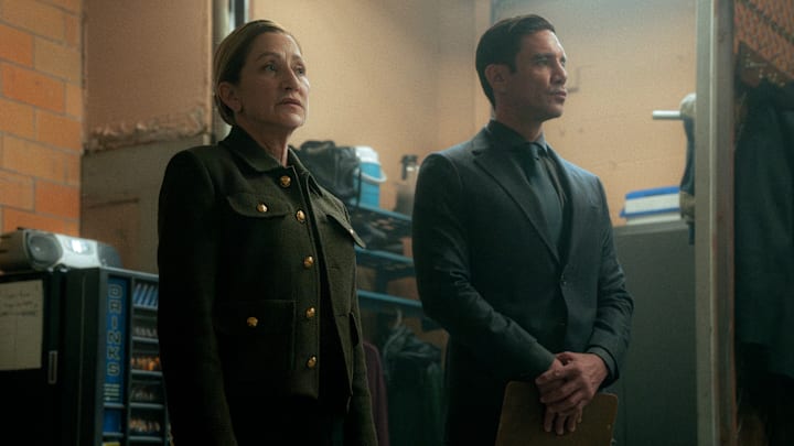 Edie Falco as Nina Hobbs and Clayton Cardenas as Torres in Mayor of Kingstown episode 1, season 4, streaming on Paramount+, 2025. Credit: Dennis P. Mong Jr./Paramount+ Edie Falco as Nina Hobbs and Clayton Cardenas as Torres in Mayor of Kingstown episode 1, season 4, streaming on Paramount+, 2025. Credit: Dennis P. Mong Jr./Paramount+