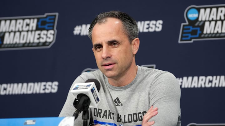 Mar 22, 2025; Wichita, KS, USA; Drake Bulldogs coach Ben McCollum during press conference at Intrust Bank Arena. Mandatory Credit: Kirby Lee-Imagn Images Mar 22, 2025; Wichita, KS, USA; Drake Bulldogs coach Ben McCollum during press conference at Intrust Bank Arena. Mandatory Credit: Kirby Lee-Imagn Images