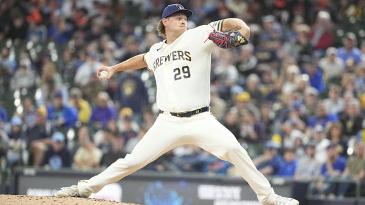Apr 16, 2026; Milwaukee, Wisconsin, USA; Milwaukee Brewers relief pitcher Trevor Megill (29) delivers a pitch against the Toronto Blue Jays in the eighth inning at American Family Field. Mandatory Credit: Michael McLoone-Imagn Images