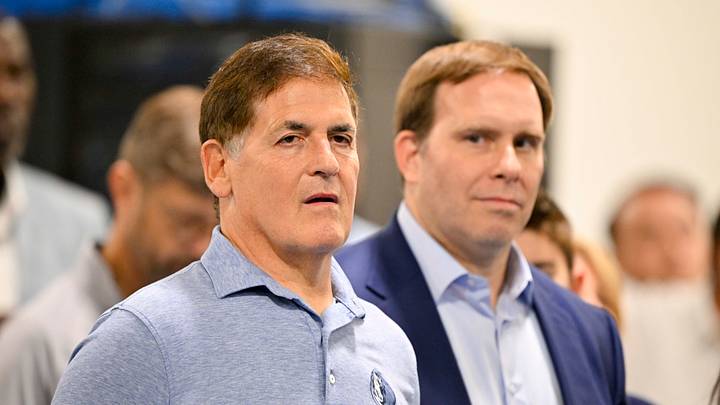 Jun 27, 2025; Dallas, TX, USA; Dallas Mavericks minority owner Mark Cuban (left) and Mavericks governor Patrick Dumont (right) looks on a press conference at the Dallas Mavericks Practice Facility. Mandatory Credit: Jerome Miron-Imagn Images Jun 27, 2025; Dallas, TX, USA; Dallas Mavericks minority owner Mark Cuban (left) and Mavericks governor Patrick Dumont (right) looks on a press conference at the Dallas Mavericks Practice Facility. Mandatory Credit: Jerome Miron-Imagn Images
