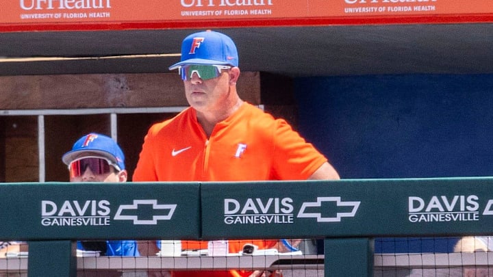 Florida baseball head coach Kevin O'Sullivan watches from the dugout during Game 1 of a doubleheader against Tennessee on May 3. The Gators need to win 3 of their final 6 games to ensure an NCAA Tournament berth this season