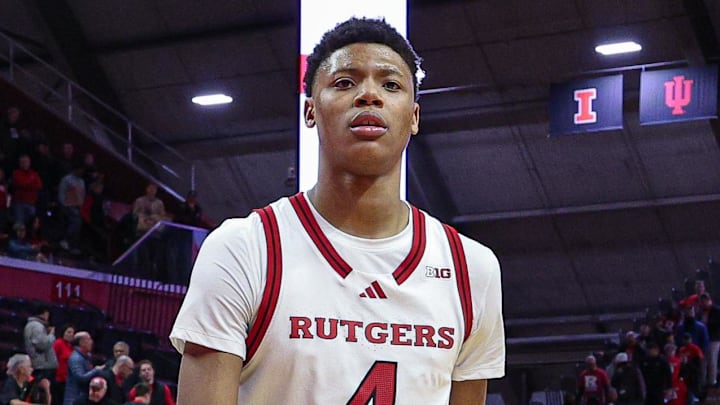 Mar 9, 2025; Piscataway, New Jersey, USA; Rutgers Scarlet Knights guard Ace Bailey (4) walks off the court after defeating the Minnesota Golden Gophers at Jersey Mike's Arena. Mandatory Credit: Vincent Carchietta-Imagn Images