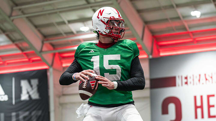 Dylan Raiola executes a balance drill during a 2025 spring practice.