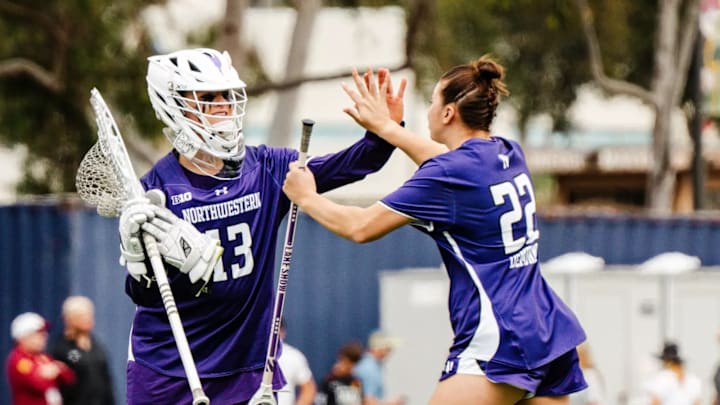 Northwestern goalie Delaney Sweitzer and midfielder Serafina DeMunno celebrate in a lacrosse game vs. USC on March 30, 2025. 