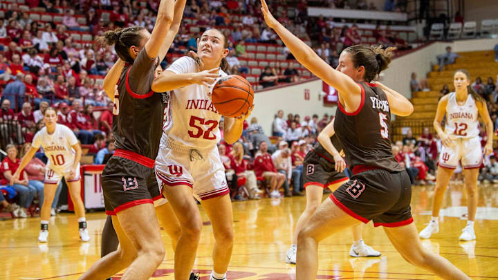 Indiana's Lilly Meister (52) looks to score during the Indiana versus Brown women's basketball game at Simon Skjodt Assembly Hall on Monday, Nov. 4, 2024. Indiana's Lilly Meister (52) looks to score during the Indiana versus Brown women's basketball game at Simon Skjodt Assembly Hall on Monday, Nov. 4, 2024.
