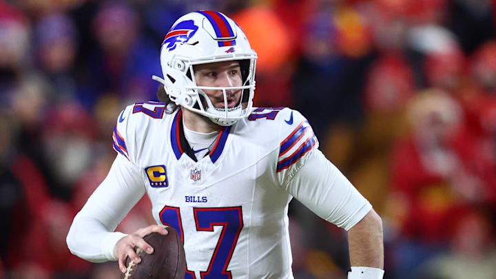 Jan 26, 2025; Kansas City, MO, USA; Buffalo Bills quarterback Josh Allen (17) drops back to pass against the Kansas City Chiefs during the first half in the AFC Championship game at GEHA Field at Arrowhead Stadium. Mandatory Credit: Mark J. Rebilas-Imagn Images
