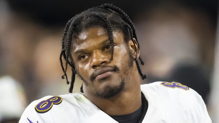Sep 13, 2021; Paradise, Nevada, USA; Baltimore Ravens quarterback Lamar Jackson (8) reacts against the Las Vegas Raiders during Monday Night Football at Allegiant Stadium. Mandatory Credit: Mark J. Rebilas-Imagn Images