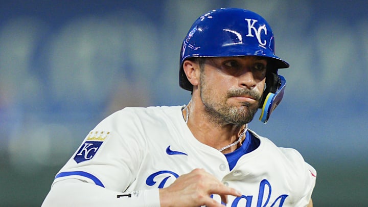 Jul 29, 2025; Kansas City, Missouri, USA; Kansas City Royals right fielder Randal Grichuk (15) runs to third base during the sixth inning against the Atlanta Braves at Kauffman Stadium. Mandatory Credit: Jay Biggerstaff-Imagn Images