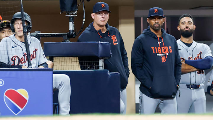 Detroit Tigers manager A.J. Hinch (14) watches on from the dugout. Detroit Tigers manager A.J. Hinch (14) watches on from the dugout.