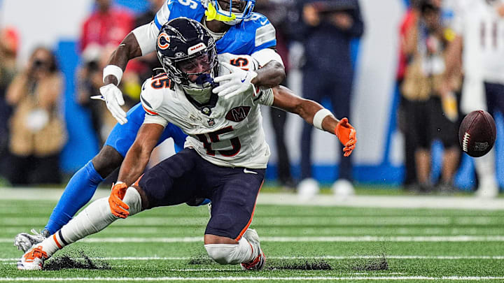 Detroit Lions cornerback Terrion Arnold (6) defends Chicago Bears wide receiver Rome Odunze (15) during the second half at Ford Field in Detroit on Sunday, Sept. 14, 2025. Detroit Lions cornerback Terrion Arnold (6) defends Chicago Bears wide receiver Rome Odunze (15) during the second half at Ford Field in Detroit on Sunday, Sept. 14, 2025.