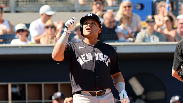 Feb 27, 2024; Port Charlotte, Florida, USA; New York Yankees infielder Jose Rojas (83) celebrates after hitting a home run during the fifth inning against the Tampa Bay Rays at Charlotte Sports Park. Mandatory Credit: Kim Klement Neitzel-Imagn Images