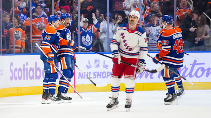 Chris Kreider skates away after an Oilers goal during a game on Saturday.