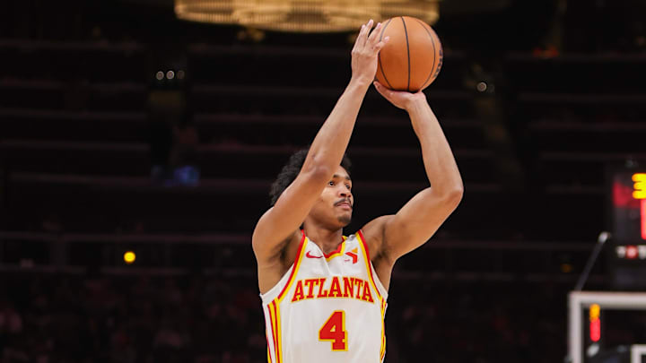 Oct 14, 2024; Atlanta, Georgia, USA; Atlanta Hawks guard Kobe Bufkin (4) shoots against the Philadelphia 76ers in the third quarter at State Farm Arena. Mandatory Credit: Brett Davis-Imagn Images Oct 14, 2024; Atlanta, Georgia, USA; Atlanta Hawks guard Kobe Bufkin (4) shoots against the Philadelphia 76ers in the third quarter at State Farm Arena. Mandatory Credit: Brett Davis-Imagn Images
