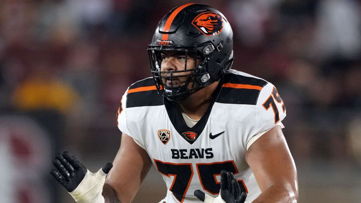 Oct 8, 2022; Stanford, California, USA; Oregon State Beavers offensive lineman Taliese Fuaga (75) blocks during the first quarter against the Stanford Cardinal at Stanford Stadium. Mandatory Credit: Darren Yamashita-USA TODAY Sports