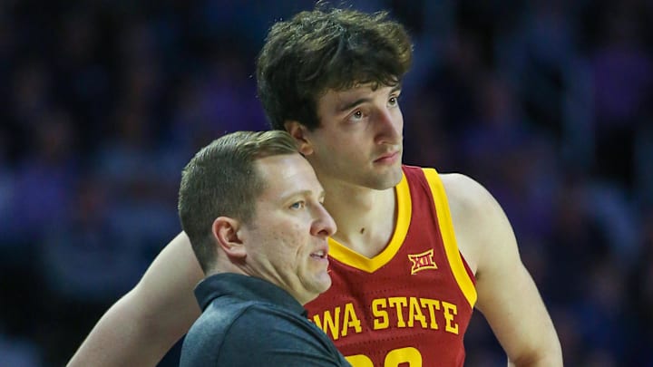 Mar 9, 2024; Manhattan, Kansas, USA; Iowa State Cyclones head coach T.J. Otzelberger talks to forward Milan Momcilovic (22) during a timeout in the first half against the Kansas State Wildcats at Bramlage Coliseum. Mar 9, 2024; Manhattan, Kansas, USA; Iowa State Cyclones head coach T.J. Otzelberger talks to forward Milan Momcilovic (22) during a timeout in the first half against the Kansas State Wildcats at Bramlage Coliseum.