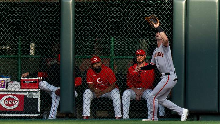 San Francisco Giants center fielder Jared Oliva (56) catches a fly ball for an out in the first inning between the Cincinnati Reds and the San Francisco Giants at Great American Ball in Cincinnati on Tuesday, April 14, 2026.