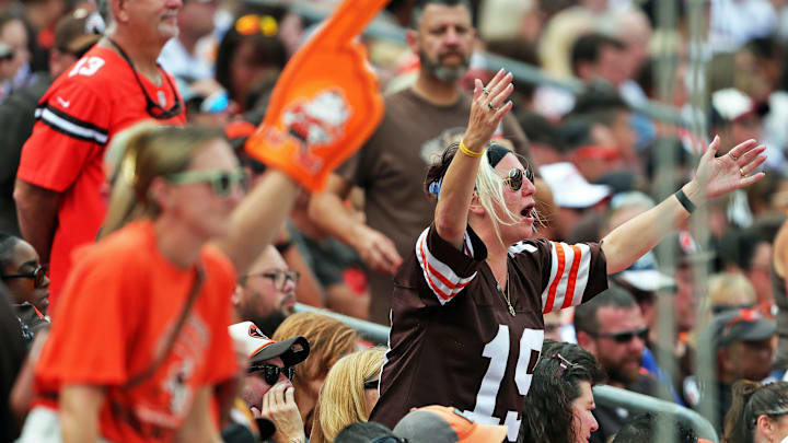 Cleveland Browns fans react as the New York Giants offense takes the field during the second half of an NFL football game at Huntington Bank Field, Sunday, Sept. 22, 2024, in Cleveland, Ohio.