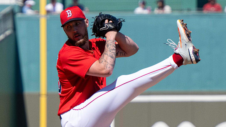 Feb 23, 2025; Fort Myers, Florida, USA; Boston Red Sox pitcher Garrett Crochet (35) pitching in the first inning of their game against the Toronto Blue Jays at JetBlue Park at Fenway South. Mandatory Credit: Chris Tilley-Imagn Images