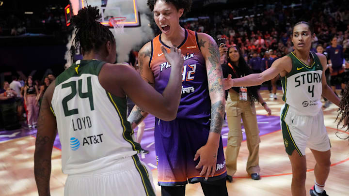 Phoenix Mercury center Brittney Griner (42) greets Seattle Storm guard Jewell Loyd (24) after beating them 87-78 at Footprint Center in Phoenix on Sunday, June 16, 2024. Phoenix Mercury center Brittney Griner (42) greets Seattle Storm guard Jewell Loyd (24) after beating them 87-78 at Footprint Center in Phoenix on Sunday, June 16, 2024.