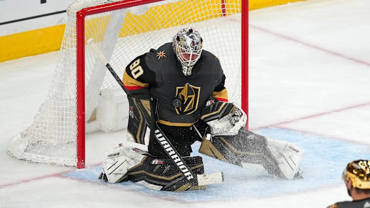 Apr 6, 2022; Las Vegas, Nevada, USA; Vegas Golden Knights goaltender Robin Lehner (90) makes a save against the Vancouver Canucks during the third period at T-Mobile Arena. Mandatory Credit: Stephen R. Sylvanie-Imagn Images Apr 6, 2022; Las Vegas, Nevada, USA; Vegas Golden Knights goaltender Robin Lehner (90) makes a save against the Vancouver Canucks during the third period at T-Mobile Arena. Mandatory Credit: Stephen R. Sylvanie-Imagn Images