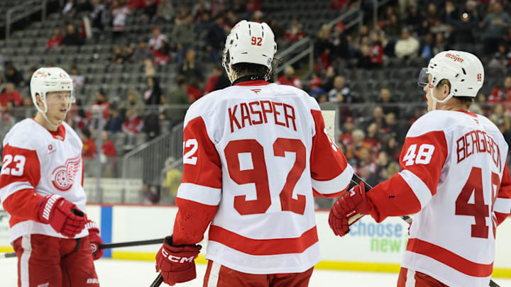 Apr 16, 2025; Newark, New Jersey, USA; Detroit Red Wings center Marco Kasper (92) celebrates his goal against the New Jersey Devils during the third period at Prudential Center. Mandatory Credit: Ed Mulholland-Imagn Images,