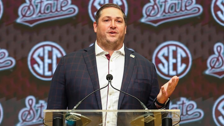 Mississippi State Bulldogs head coach Jeff Lebby talks to the media during the SEC Media Days at Omni Atlanta Hotel.