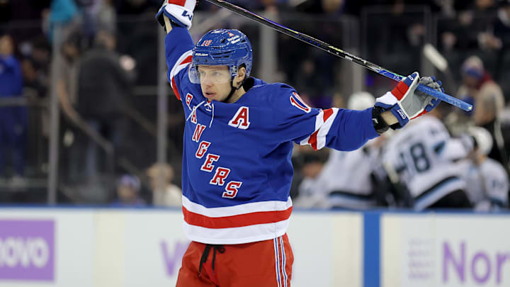 Jan 5, 2026; New York, New York, USA; New York Rangers left wing Artemi Panarin (10) skates before the first period against the Utah Mammoth at Madison Square Garden. Mandatory Credit: Brad Penner-Imagn Images