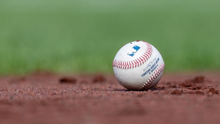 Jul 27, 2025; San Francisco, California, USA; A MLB baseball sits on the infield during the game between the San Francisco Giants and the New York Mets at Oracle Park. Mandatory Credit: Bob Kupbens-Imagn Images