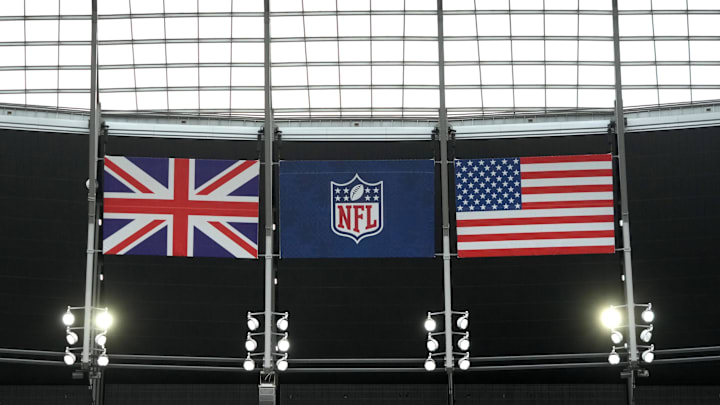 Oct 13, 2024; London, United Kingdom; The British, NFL shield logo and Untied States flags before an NFL International Series game at Tottenham Hotspur Stadium. Mandatory Credit: Kirby Lee-Imagn Images