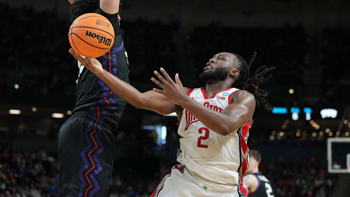 Mar 19, 2026; Greenville, SC, USA; Ohio State Buckeyes guard Bruce Thornton (2) shoots the ball against the Texas Christian University Horned Frogs in the second half during a first round game of the men's 2026 NCAA Tournament at Bon Secours Wellness Arena. Mandatory Credit: Bob Donnan-Imagn Images Mar 19, 2026; Greenville, SC, USA; Ohio State Buckeyes guard Bruce Thornton (2) shoots the ball against the Texas Christian University Horned Frogs in the second half during a first round game of the men's 2026 NCAA Tournament at Bon Secours Wellness Arena. Mandatory Credit: Bob Donnan-Imagn Images