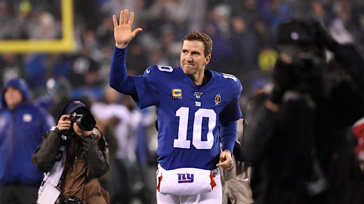 New York Giants quarterback Eli Manning (10) waves to the fans as he exits the field at MetLife Stadium for possibly the last time in his career. The Eagles defeated the Giants, 34-17, on Sunday, Dec. 29, 2019, in East Rutherford. New York Giants quarterback Eli Manning (10) waves to the fans as he exits the field at MetLife Stadium for possibly the last time in his career. The Eagles defeated the Giants, 34-17, on Sunday, Dec. 29, 2019, in East Rutherford.