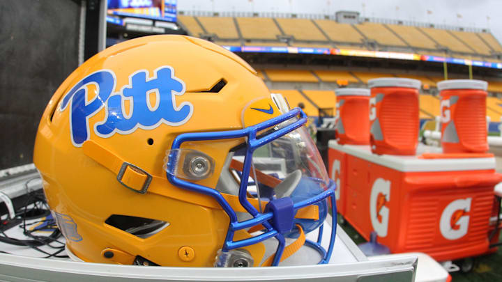 Nov 16, 2024; Pittsburgh, Pennsylvania, USA;  A Pittsburgh Panthers helmet on the sidelines against the Clemson Tigers at Acrisure Stadium. Mandatory Credit: Charles LeClaire-Imagn Images