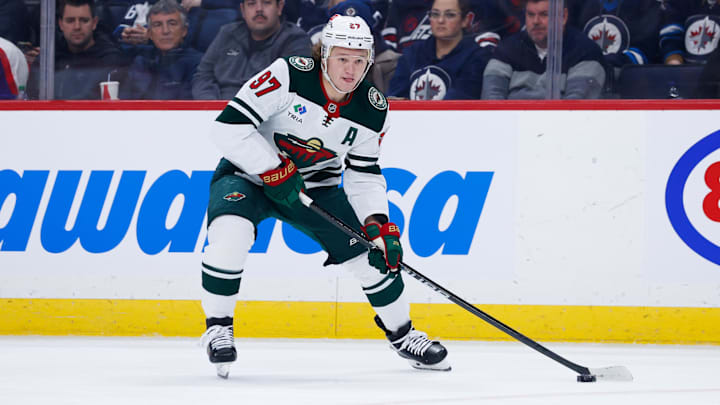 Dec 21, 2024; Winnipeg, Manitoba, CAN;   Minnesota Wild forward Kirill Kaprizov (97) skates towards the Winnipeg Jets net during the third period at Canada Life Centre. Mandatory Credit: Terrence Lee-Imagn Images
