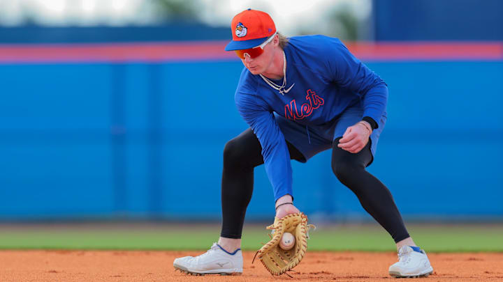 Feb 12, 2025; Port St. Lucie, FL, USA; New York Mets first baseman Ryan Clifford (87) works during a Spring Training workout at Clover Park. Mandatory Credit: Sam Navarro-Imagn Images