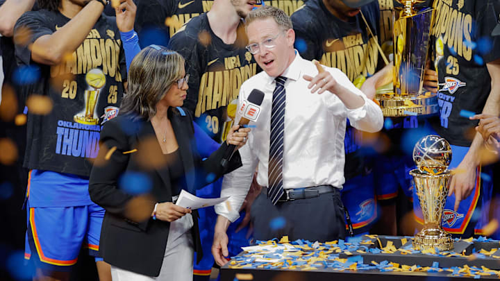 Jun 22, 2025; Oklahoma City, Oklahoma, USA; Oklahoma City Thunder general manager Sam Presti speaks during the championship ceremony after his team defeated the Indiana Pacers in game seven of the 2025 NBA Finals at Paycom Center. Mandatory Credit: Alonzo Adams-Imagn Images