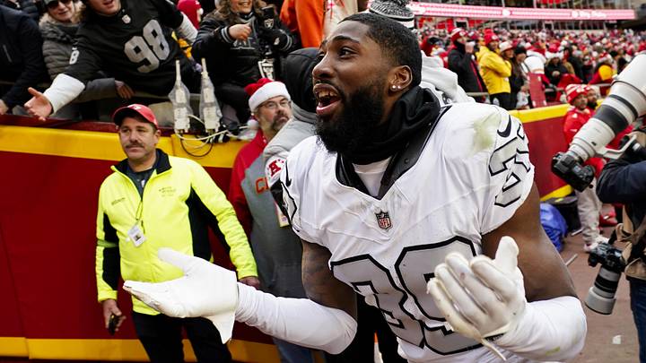 Dec 25, 2023; Kansas City, Missouri, USA; Las Vegas Raiders cornerback Nate Hobbs (39) interacts with the crowd after defeating the Kansas City Chiefs at GEHA Field at Arrowhead Stadium. Mandatory Credit: Jay Biggerstaff-USA TODAY Sports Dec 25, 2023; Kansas City, Missouri, USA; Las Vegas Raiders cornerback Nate Hobbs (39) interacts with the crowd after defeating the Kansas City Chiefs at GEHA Field at Arrowhead Stadium. Mandatory Credit: Jay Biggerstaff-USA TODAY Sports