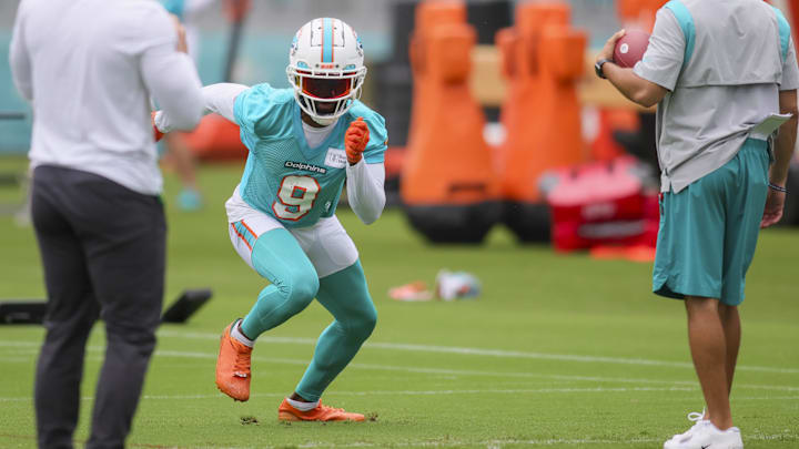 Miami Dolphins cornerback Noah Igbinoghene (9) works out during training camp at Baptist Health Training Facility.