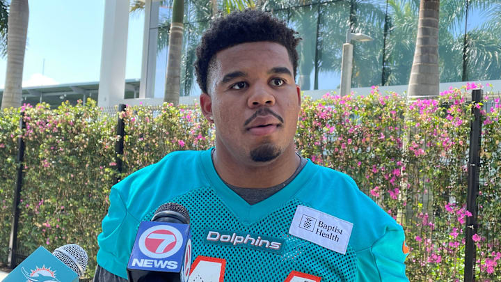 Edge rusher Chop Robinson, the Dolphins' first-round draft pick, meets with reporters on May 10, 2024.