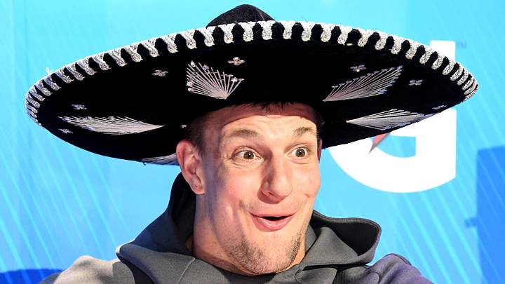 Jan 28, 2019; Atlanta, GA, USA; New England Patriots tight end Rob Gronkowski wears a sombrero during Opening Night for Super Bowl LIII at State Farm Arena. Mandatory Credit: Kirby Lee-USA TODAY Sports