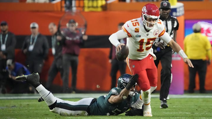 Kansas City Chiefs quarterback Patrick Mahomes (15) is tackled by Philadelphia Eagles linebacker T.J. Edwards (57) during the second quarter in Super Bowl LVII at State Farm Stadium in Glendale on Feb. 12, 2023.

Nfl Super Bowl Lvii Kansas City Chiefs Vs Philadelphia Eagles