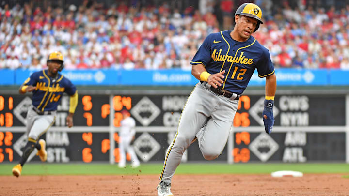 Jul 19, 2023; Philadelphia, Pennsylvania, USA; Milwaukee Brewers designated hitter Jahmai Jones (12)