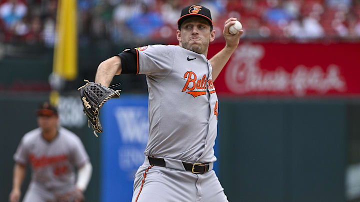 May 22, 2024; St. Louis, Missouri, USA;  Baltimore Orioles starting pitcher John Means (47) pitches against the St. Louis Cardinals at Busch Stadium.