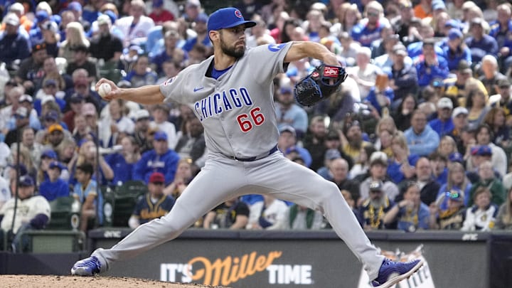 May 4, 2025; Milwaukee, Wisconsin, USA; Chicago Cubs pitcher Julian Merryweather (66) delivers a pitch against the Milwaukee Brewers in the sixth inning at American Family Field. Mandatory Credit: Michael McLoone-Imagn Images May 4, 2025; Milwaukee, Wisconsin, USA; Chicago Cubs pitcher Julian Merryweather (66) delivers a pitch against the Milwaukee Brewers in the sixth inning at American Family Field. Mandatory Credit: Michael McLoone-Imagn Images